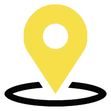 Yellow map pin logo with black moustache